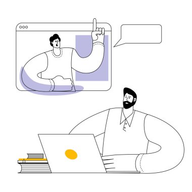 Bir adam dizüstü bilgisayarının başında oturuyor ve bir Webinar dinliyor..