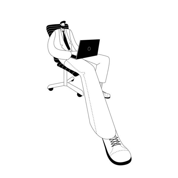 A man in a business suit with a laptop on his lap is sitting in an office chair. — 스톡 벡터