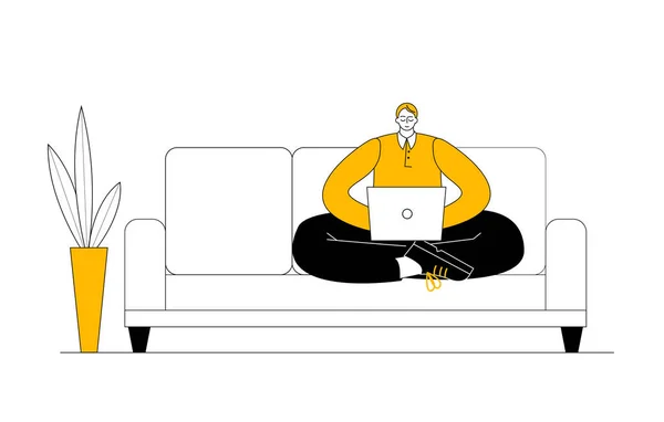 Ein Mann Sitzt Mit Einem Laptop Auf Der Couch Vektor — Stockvektor