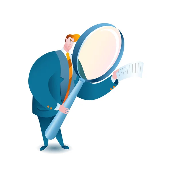 Manager Uses Magnifying Glass View Various Documents Vector Illustration Cartoon — ストックベクタ