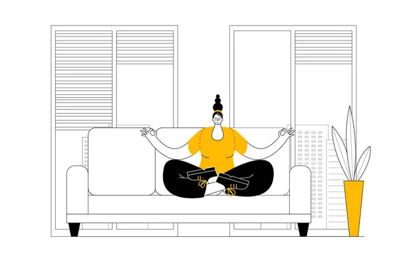 Una Mujer Con Ropa Casual Medita Sofá Espacio Oficina Ilustración — Archivo Imágenes Vectoriales