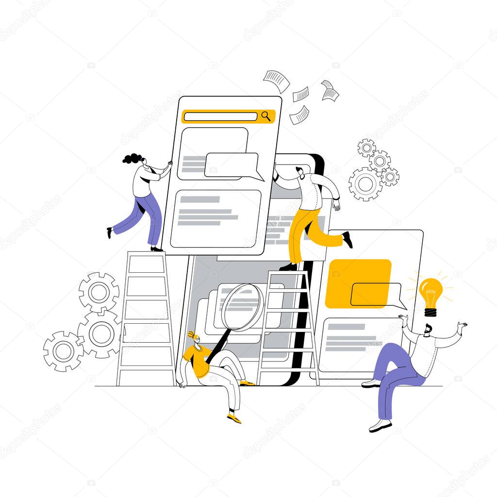 A team of developers, managers and designers creates a mobile app. The concept of a vector illustration in a flat style on the theme of mobile app development.