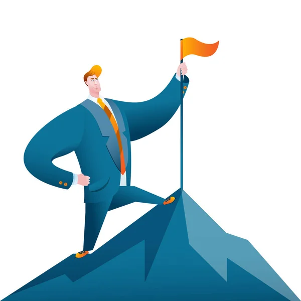 Man Business Suit Stands Flag Top Mountain Illustration Topic Conquering — Stockvector