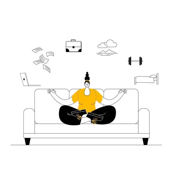Woman Casual Clothes Meditates Couch Looks Balance Work Rest Vector — Stok Vektör