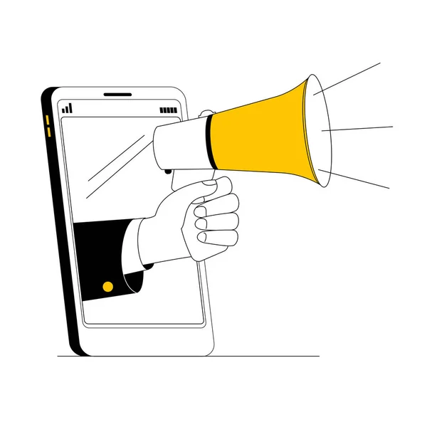 Hand Screaming Megaphone Sticks Out Smartphone Vector Illustration Flat Style — Vetor de Stock