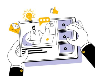 Hands hold a tablet on which a man conducts webinars. Vector illustration on the topic of online education.