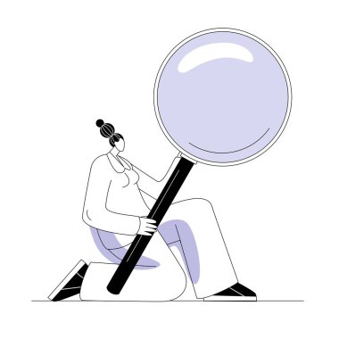 Kız gerekli bilgiyi aramak için bir büyüteç kullanıyor. Bilgi araması konusunda düz bir şekilde vektör illüstrasyonuName.