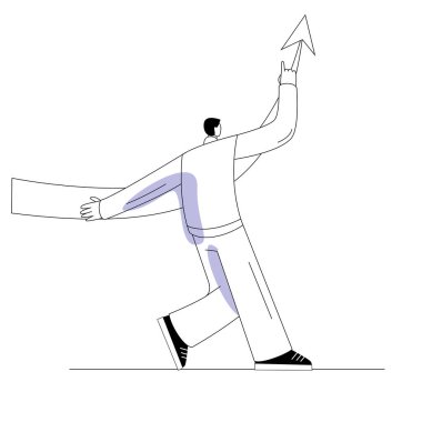 Adam büyüyen satış okunu destekliyor. Başarı ve satış büyümesi konusunda vektör illüstrasyon.