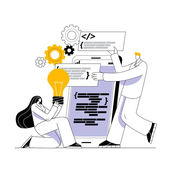 Zespół Programistów Tworzy Aplikację Wieloplatformową Ilustracja Wektorowa Rozwoju Testowania Aplikacji — Wektor stockowy