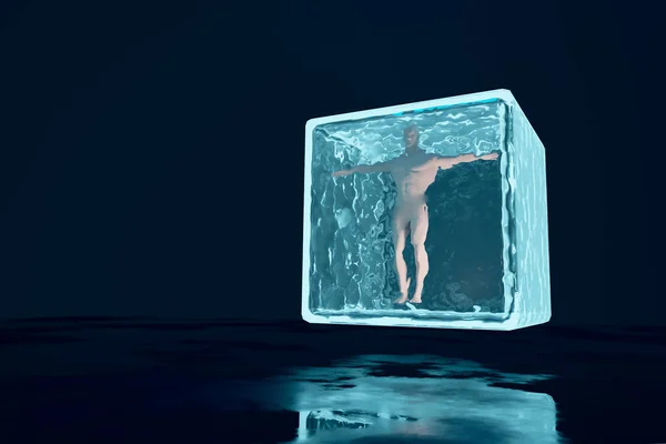 The ice glass cube glows against the dark background. 3D Rendering — Stock Photo, Image