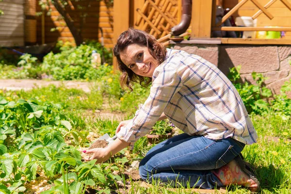 Seorang wanita berkebun di halaman belakang rumahnya, dia menanam bibit. — Stok Foto