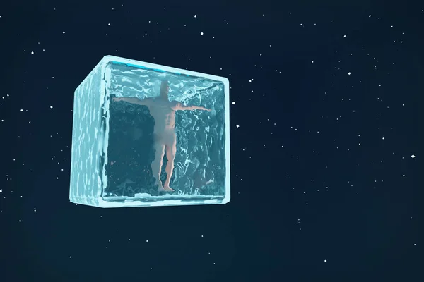 The ice glass cube glows against the dark background of space. 3D Rendering — Stock Photo, Image