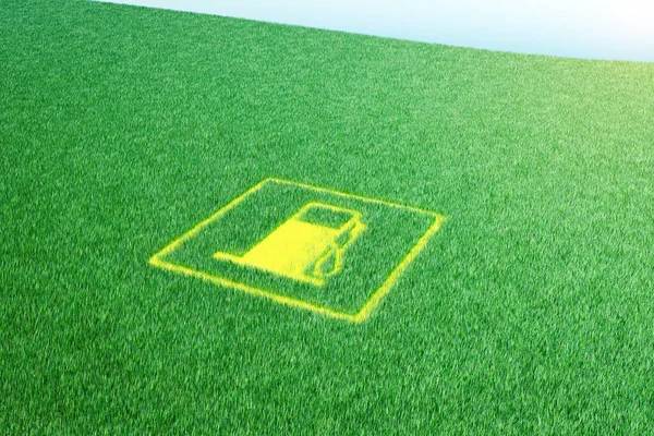 Yeşil çimlerin üzerinde bir benzin istasyonu tabelası. 3d hazırlayıcı. — Stok fotoğraf