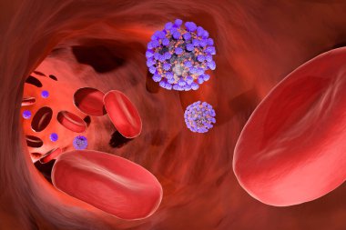 İnsan damarlarındaki kan hücreleri ve virüsler. 3d hazırlayıcı.
