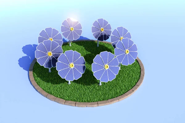 Солнечная панель для электричества как зеленая технология. 3D рендеринг. — стоковое фото