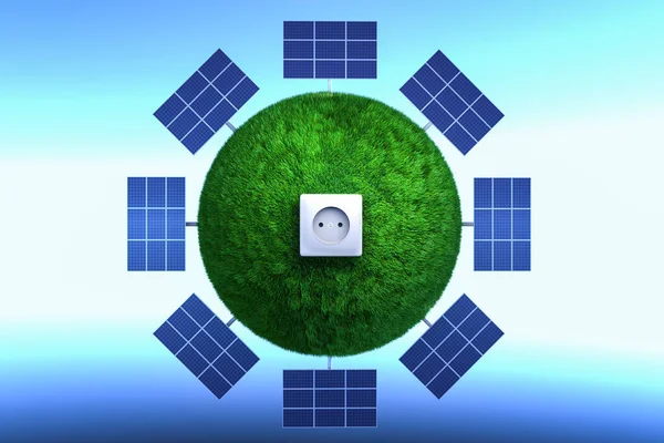Panel solar para electricidad como tecnología verde. 3d renderizar. —  Fotos de Stock