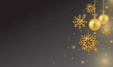 Asılı Noel topu ve kar taneleriyle siyah arkaplan şablonu