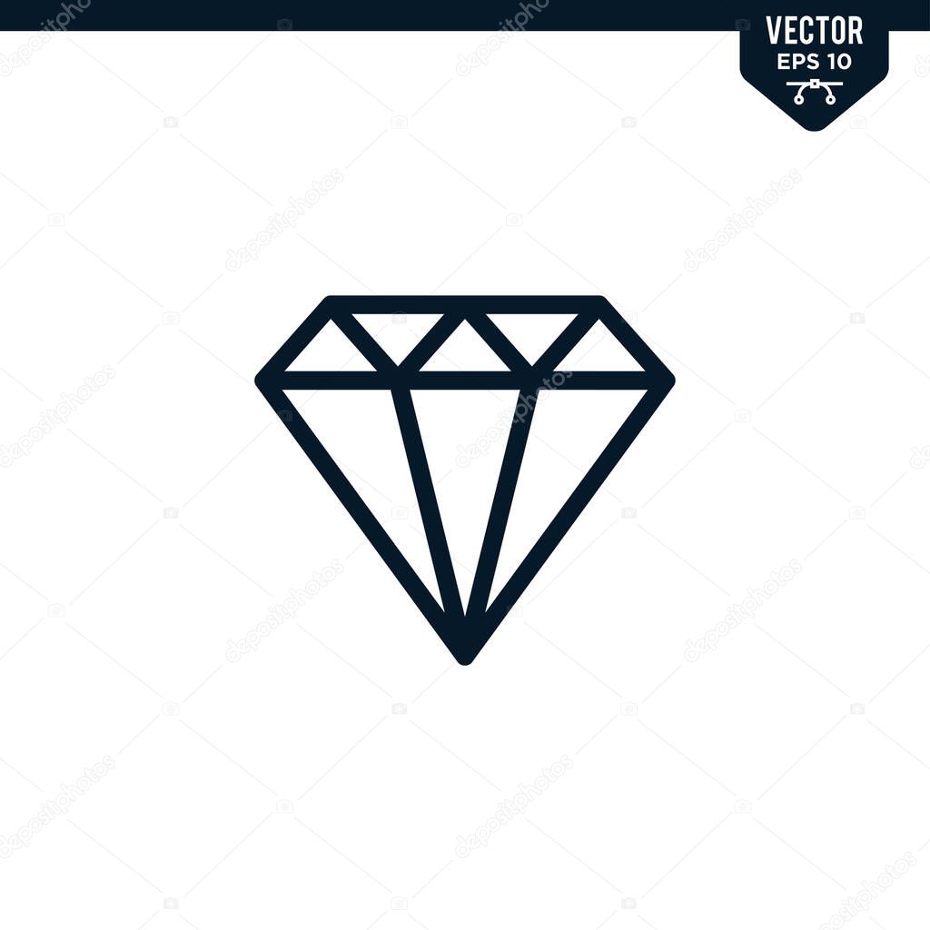 Diamond icon collection in outlined or line art style, editable stroke vector