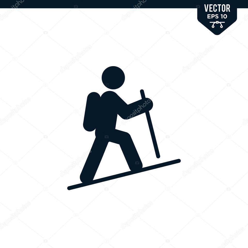Hiking stick man icon collection in glyph style, solid color vector