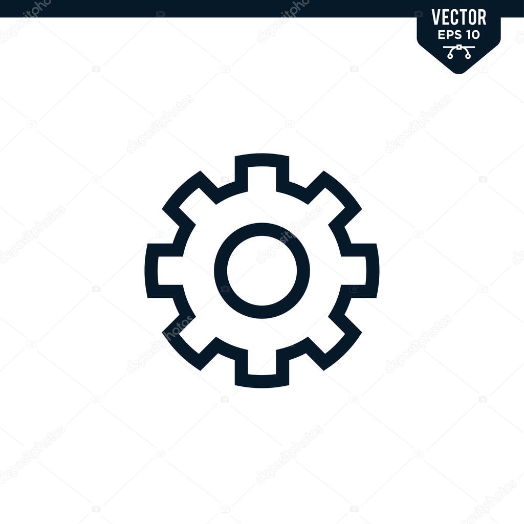 Cogwheel design related to setting icon collection in outlined or line art style, editable stroke vector