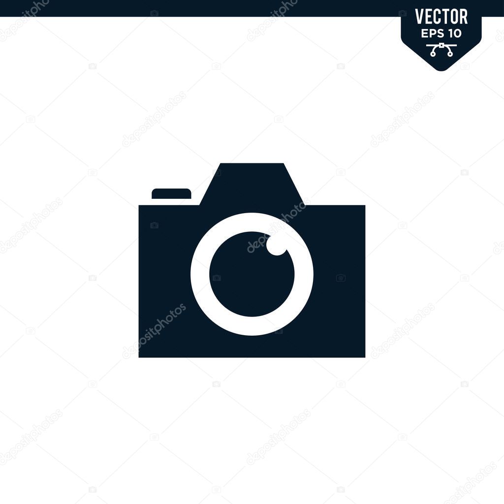 Camera icon collection in glyph style, solid color vector