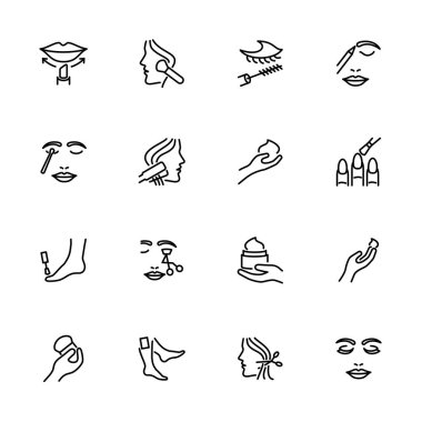 Makyaj etkinliği ve vücut bakımı ikonu seti. Düzenlenebilir vuruş vektörü, beyaz arkaplanda izole