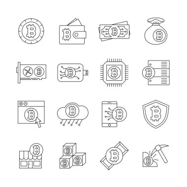 Bitcoin çizgi simgesi seti. Kripto para madenciliği, minner, sunucu, yazılım madencisi içeriyor. Düzenlenebilir ince vuruş vektörü.