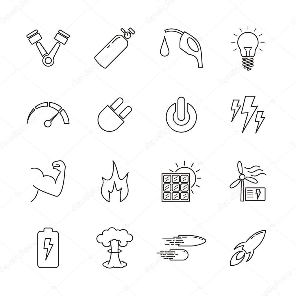 Line icon for energy relative. Power from nature such as fire, solar, lightning, wind, muscle. Power from technology such as gas, nuclear, battery also relative power symbol. Editable stroke