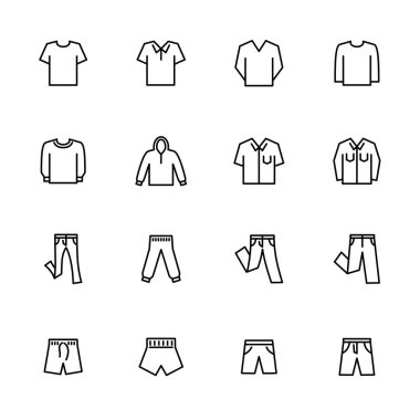 Günlük erkek kıyafetleriyle ilgili satır simgesi seti. E-ticaret çevrimiçi mağaza sitesi için kullanılabilir. Düzenlenebilir vuruş vektörü, beyaz arkaplanda izole