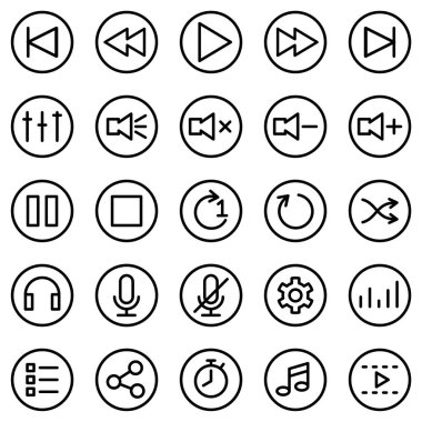 Medya oynatıcı yazılım veya uygulama için satır simgesi ayarlandı. Kullanıcı arayüzü düğmesi için 25 sembol içerir. Düzenlenebilir vuruş vektörü. Beyaz arkaplanda izole