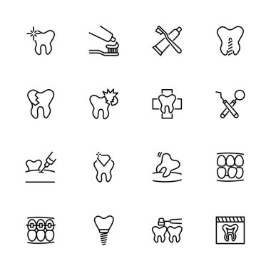 Hat ikonu diş aktivitesi seti. Diş problemi, hastalık, diş yöntemi ve bakım içeriyor. Düzenlenebilir vuruş vektörü, beyaz arkaplanda izole