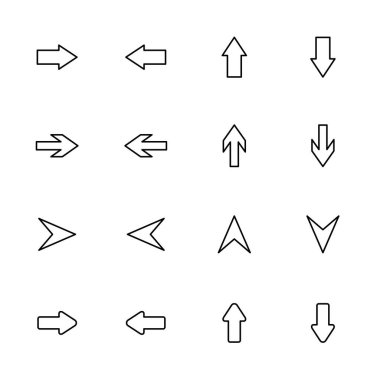 Çizilmiş ok seti, sol, sağ, yukarı ve aşağı. Düzenlenebilir vuruş vektörü, beyaz arkaplanda izole. (4 'te 4 )