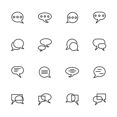 Konuşma ile ilgili satır simgesi ayarlandı. Kabarcık konuşma koleksiyonu içeriyor. Düzenlenebilir vuruş vektörü, beyaz arkaplanda izole.