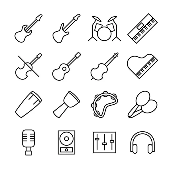 Lineare Icons Zusammenhang Mit Der Musikindustrie Enthalten Musikinstrumente Und Audiogeräte — Stockvektor