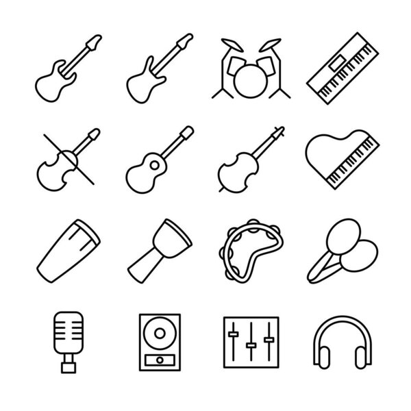 Linear icon set related of musical industry. Contain musical instrument and audio equipment. Editable stroke vector, isoated at white background