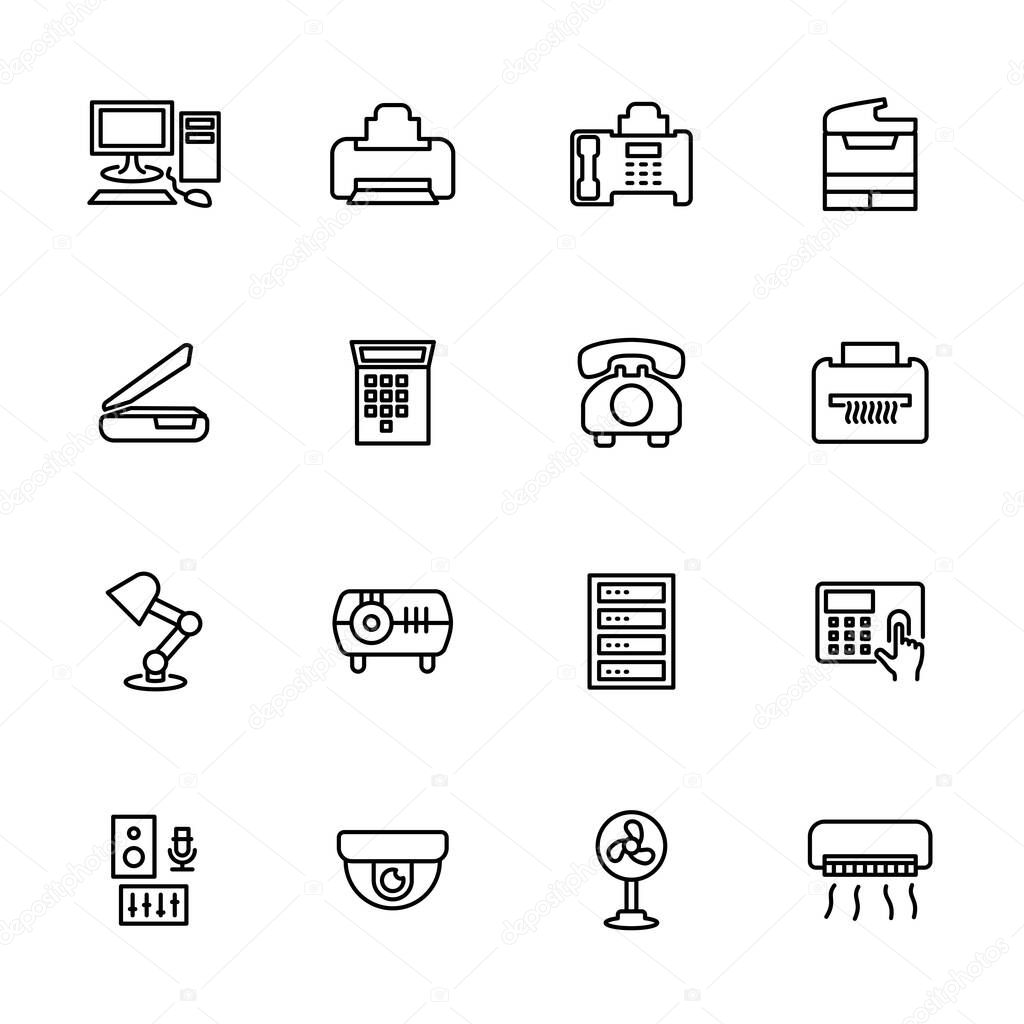 Line icon set related to office electronic, office appliance and office machine. Editable stroke vector, isolated at white background