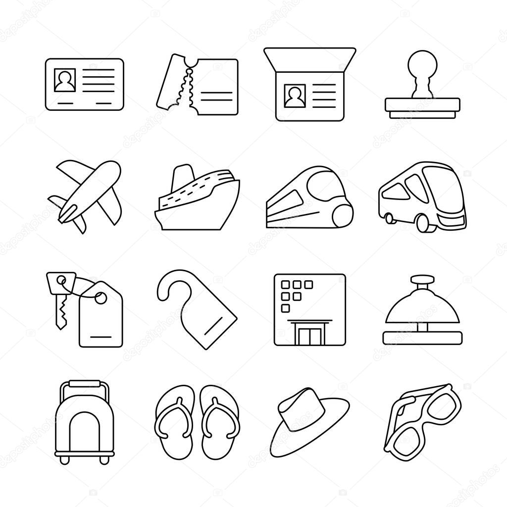 Line icon set of chronological cross nation traveling. Contain traveling procedure and equipment in example passport, transportation, hotel and accessories. Editable stroke vector. Isolated at white