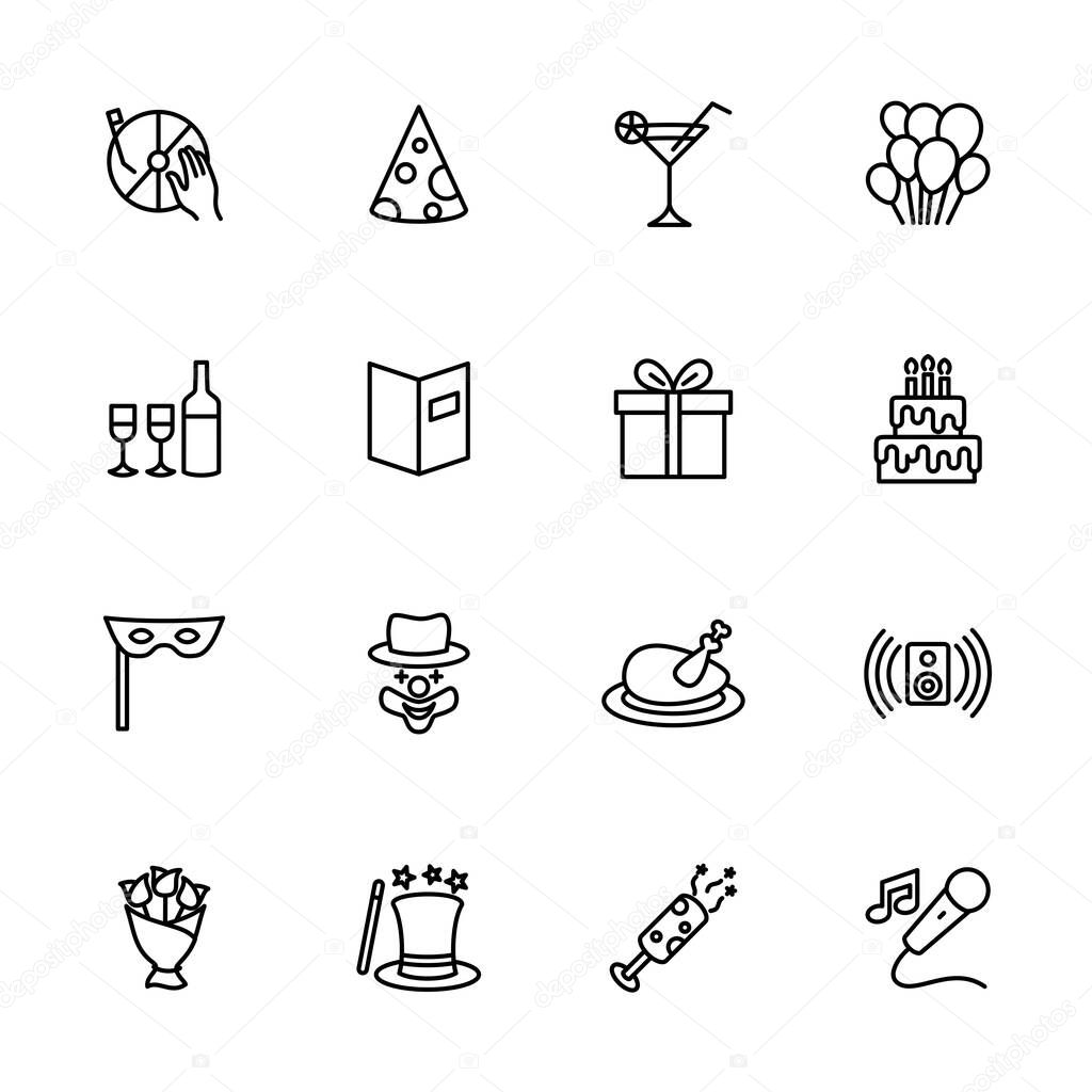 Celebration, anniversary or birth day party line icon set. Editable stroke vector, isolated at white background.