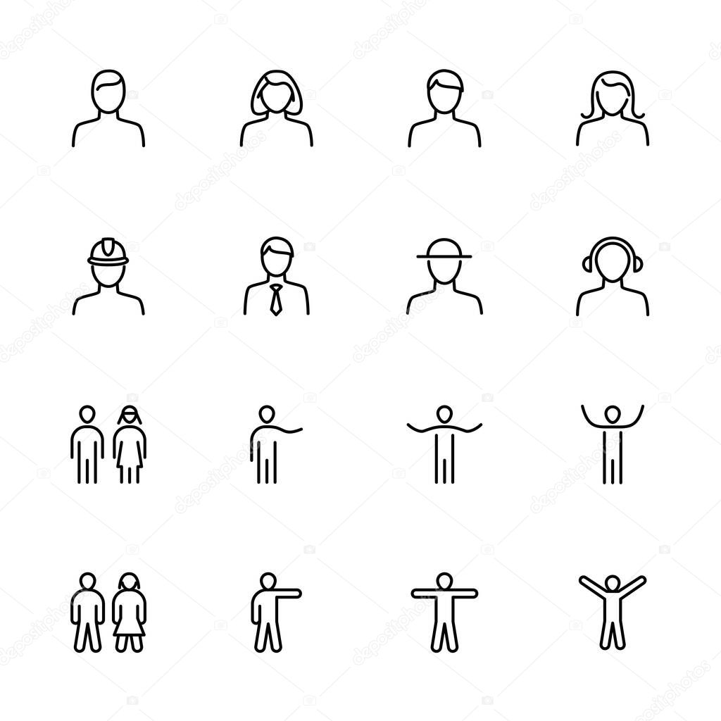 People, human, stick man, avatar line icon set. Pixel perfect. Editable stroke vector. Isolated at white background. Easy to crop image or editing the EPS 10 file