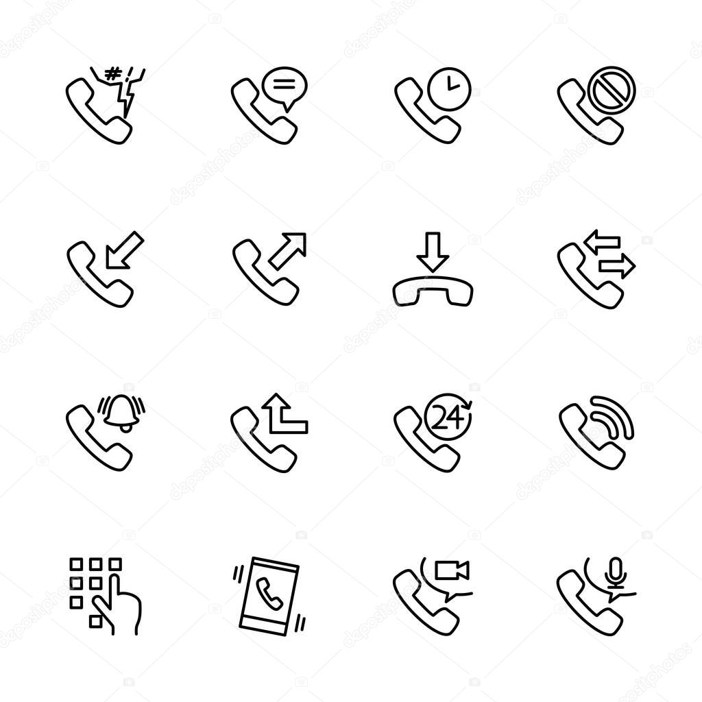 Line icon set activity of communicating with telephone. Editable stroke vector, isolated at white background