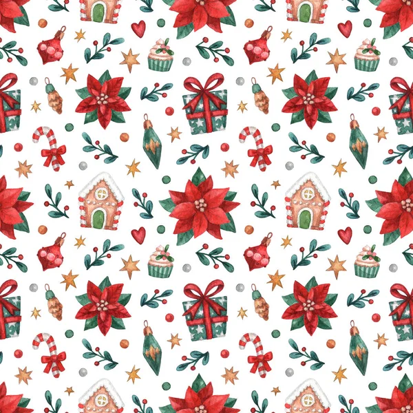 Weihnachtlicher Hintergrund Mit Weihnachtsblume Mistelzweigen Lebkuchenhaus Cupcake Zuckerrohr Geschenk Sternen — Stockfoto