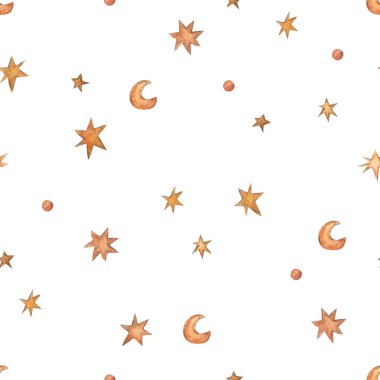 Altın yıldızlı ve aylı suluboya arka plan. El boyaması illüstrasyon ambalaj, ambalaj kağıdı, tekstil, ev dekorasyonu için kullanılabilir