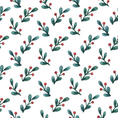 Böğürtlenli ökseotu filizlerinin Noel arkaplanı. Suluboya elle çizilmiş resim. Kış tatili baskısı ambalaj, ambalaj kağıdı, tekstil, ev dekorasyonu için kullanılabilir