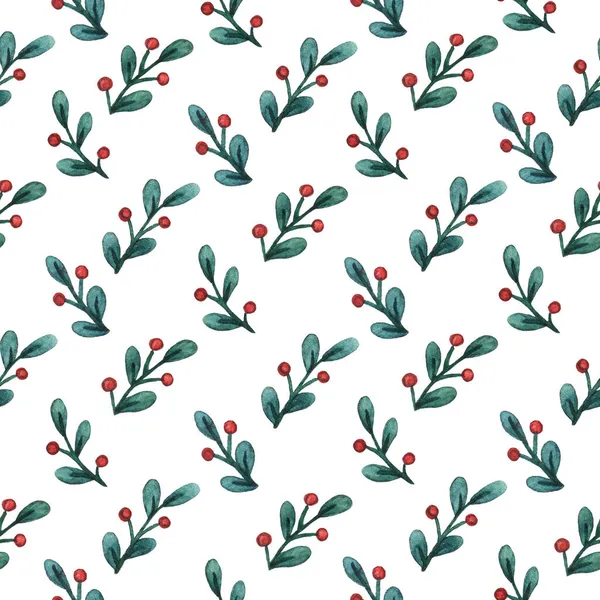 Weihnachtlicher Hintergrund Aus Mistelzweigen Mit Beeren Aquarell Handgemalte Illustration Winterurlaubsdruck — Stockfoto