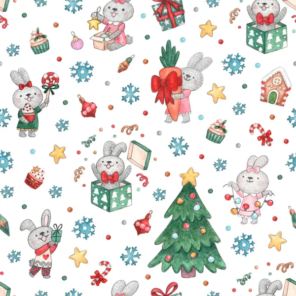 Nahtloses Muster Mit Neujahrshasen Weihnachtsbaum Geschenken Süßigkeiten Dekorationen Konfetti Schneeflocken — Stockfoto