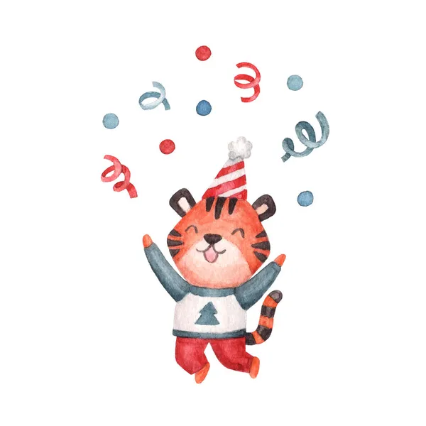 Akwarelowy Charakter Słodki Tygrys Świątecznej Piżamie Rzucający Konfetti Ilustracja Nowego — Zdjęcie stockowe