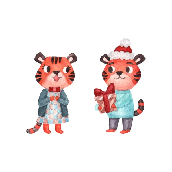 Watercolor Characters Cute Tigers Giving Presents Christmas New Year Illustration — Stock Photo, Image