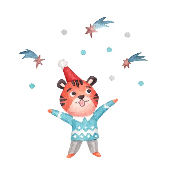 水彩画人物 可爱的老虎 头戴圣诞帽 身穿毛衣 喜欢流星和彩蛋 在白色背景上孤立的新年插图 — 图库照片