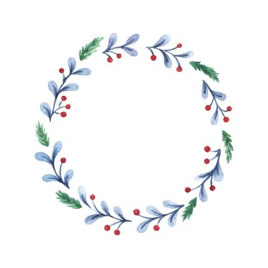 Köknar dalları, ökseotu yaprakları ve böğürtlenlerden oluşan suluboya çelenkler. Beyaz arka planda izole edilmiş bir Noel çerçevesi. El çizimi illüstrasyon.