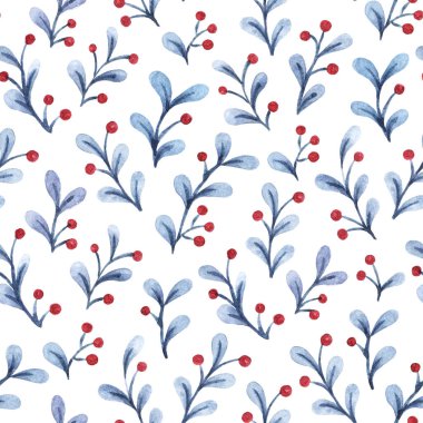 Böğürtlenli ökseotu filizlerinin Noel arkaplanı. Suluboya elle çizilmiş resim. Kış tatili baskısı ambalaj, ambalaj kağıdı, tekstil, ev dekorasyonu için kullanılabilir